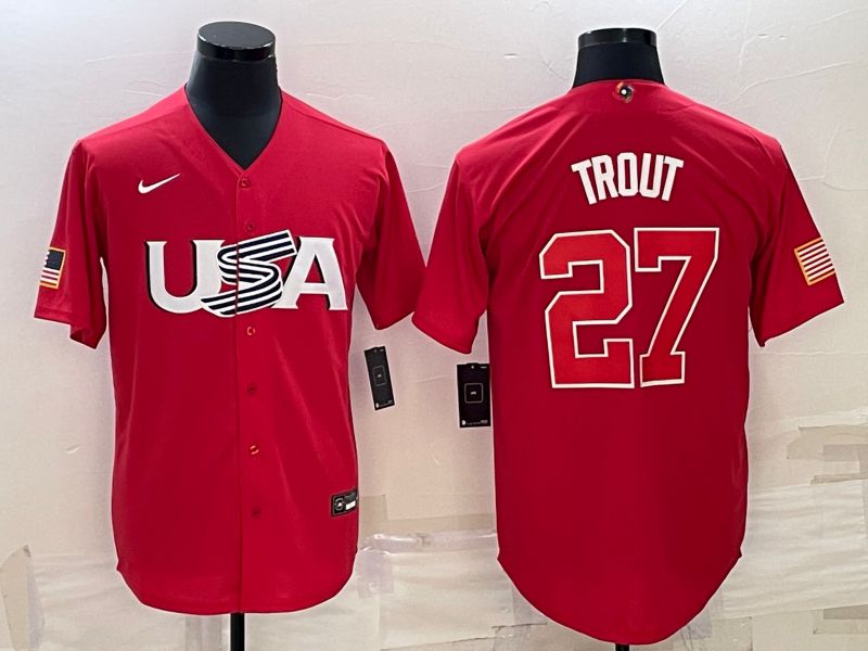 Men 2023 World Cub USA #27 Trout Red Nike MLB Jersey8